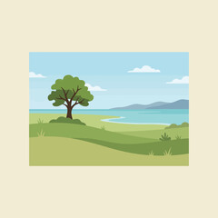 Fototapeta premium A peaceful green landscape with a tree by the lake