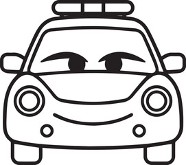 A charming police car illustration with a friendly smile and big eyes, perfect for children's books and educational materials. © DesignINKZ