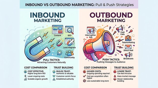 Comparison of inbound and outbound marketing strategies infographic