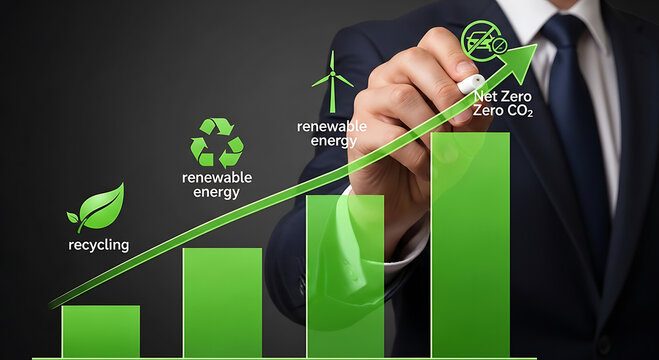 Businessman upward trend graph with recycling and renewable energy suit hand