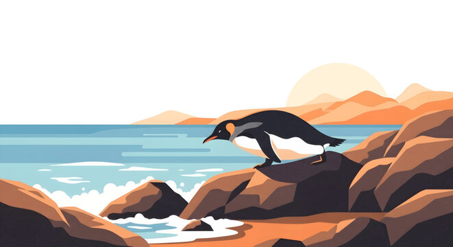 A penguin stands on a rocky shore looking at the ocean with a warm sunset or sunrise in the background.
