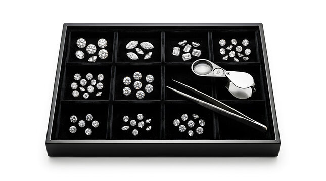 Professional Diamond Grading Tray with Loose Diamonds, Gemological Loupe and Tweezers on Black Velvet Background, Luxury Jewelry Inspection and Gemstone Evaluation Equipment