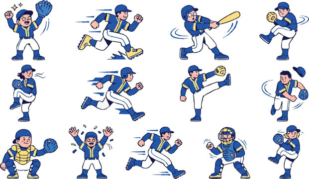 Cartoon baseball player in various poses.