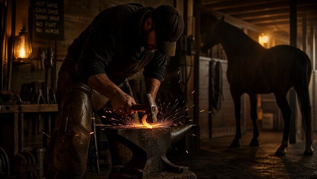 A farrier shaping a horseshoe on an anvil with sparks flying in a dimly lit stable.