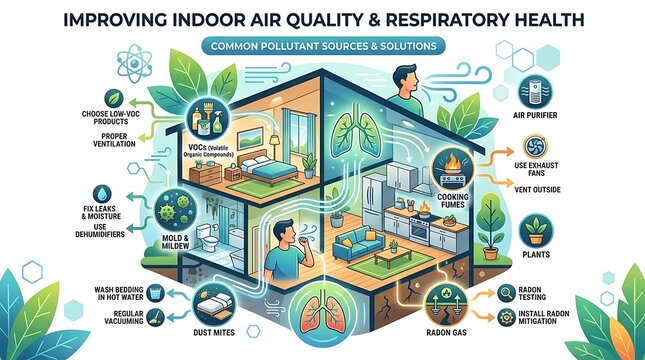 Indoor air quality and respiratory health infographic for home safety