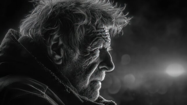 Dramatic black and white portrait of an elderly man in deep thought