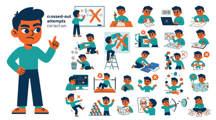 Fototapeta premium Frustrated boy character set with crossed-out attempts. Student failing and making mistakes vector collection. Child learning from errors in school.
