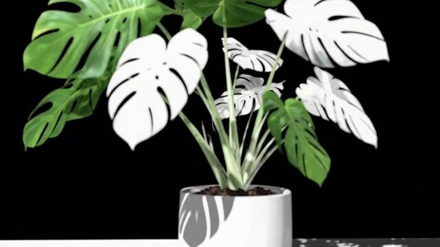 A variegated monstera plant sits in a white pot against a black background