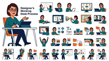 Fototapeta premium Designer's working desk process character set, female graphic artist vector illustrations, creative professional office workflow icons