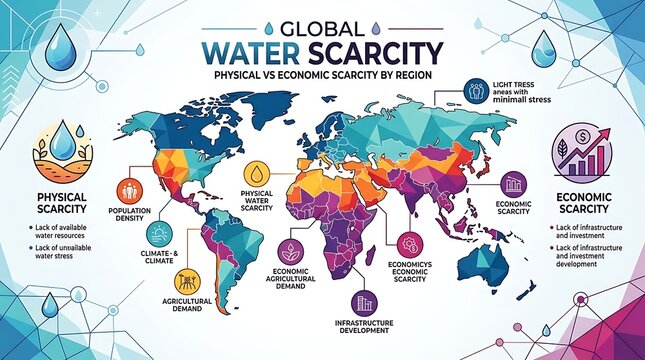 Global water scarcity world map infographic with regional data