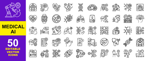 Obraz premium Medical AI Icons Set: 50 Editable Vector Icons of Artificial Intelligence Healthcare, Robotic Surgery, DNA Technology, Digital Diagnostics, Smart Health & Thin Line Web Symbols