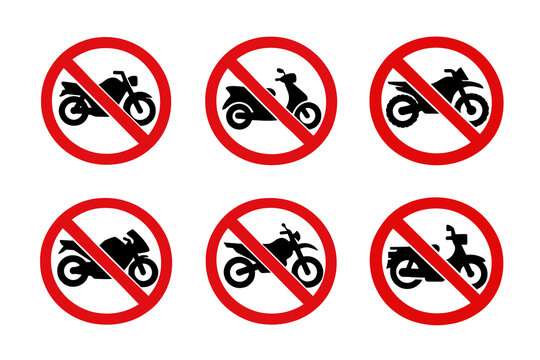 Bike prohibition signs icons collection in simple style. Set of motorcycle prohibition signs illustrations in different shape isolated