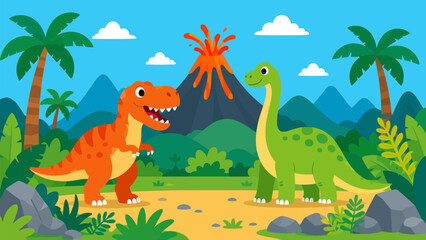 Prehistoric Pals: Two friendly cartoon dinosaurs, a vibrant T-Rex and a gentle Brontosaurus, stand amidst a prehistoric landscape with a smoking volcano and lush palm trees. © Ahmed