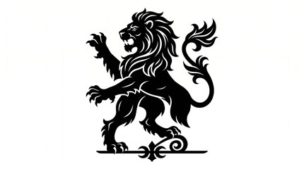 Fototapeta premium Heraldic lion rampant silhouette, majestic black lion crest on white background, vintage royal lion emblem for luxury branding and coat of arms