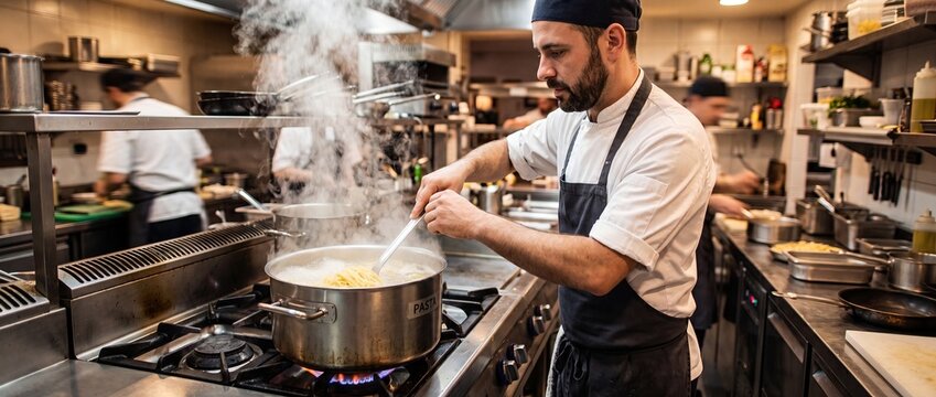 Chef Cooking Pasta in Boiling Water with Steam Rising