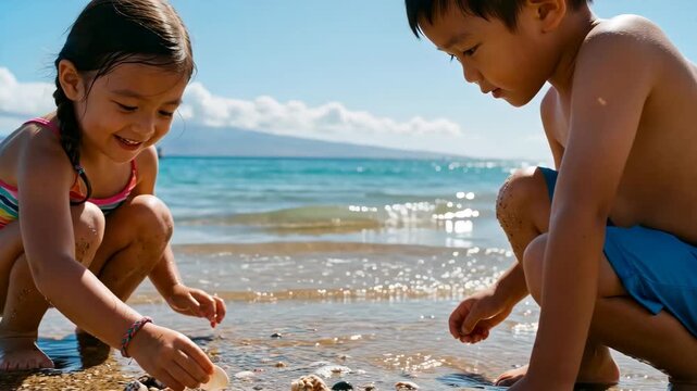 Two children exploring beach shoreline collecting seashells and small stones by ocean waves playful summer activity family travel childhood learning seaside adventure coastal holiday and fun memories