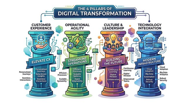 Four pillars of digital transformation business strategy infographic