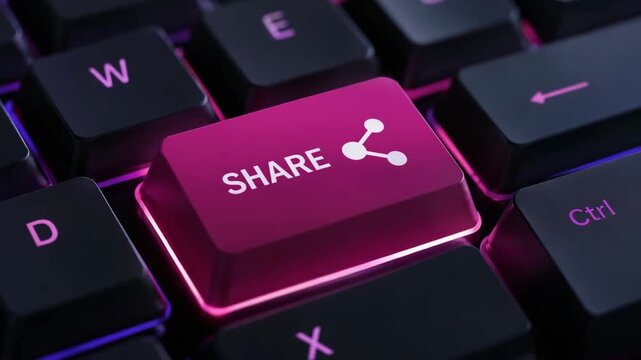 Close up of glowing share key on dark computer keyboard with neon purple light showing social media sharing digital communication online network content distribution viral marketing technology concept