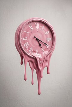 Melting Pink Analog Clock Floating in Mid Air Concept