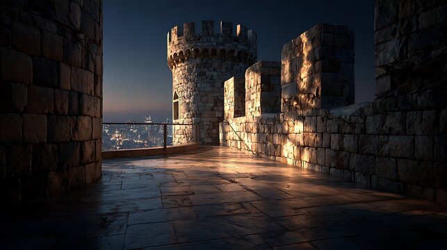 Ancient stone castle tower battlements overlooking a city at twilight. dramatic lighting