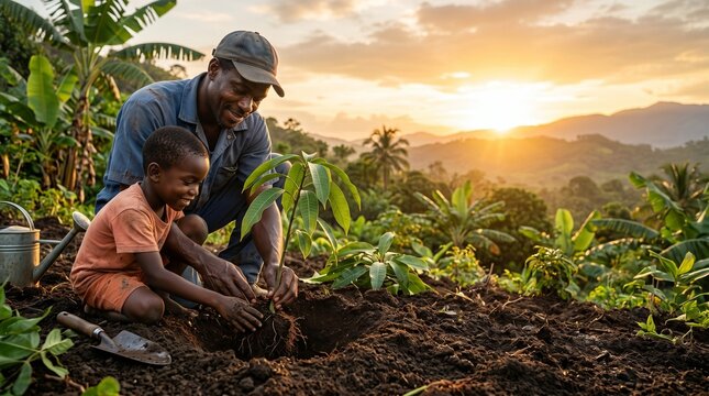 A loving African father smiles as he teaches his young son how to plant a tree seedling in rich soil during a golden sunset