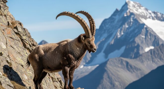 Majestic horned ungulate stands confidently on rugged alpine terrain with snow capped peaks in background