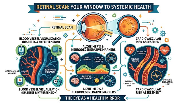 Medical infographic of retinal scans for systemic health monitoring
