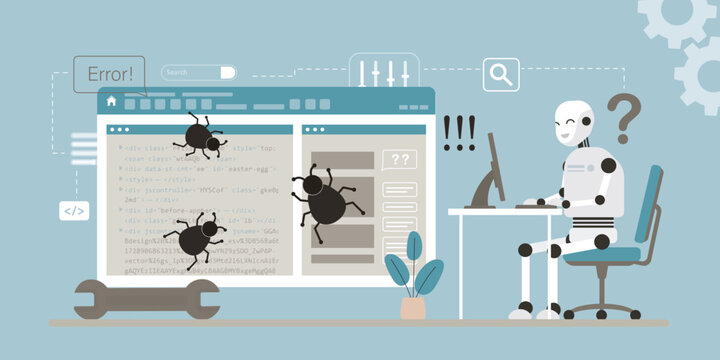 Happy robot sits at computer, attempting to debug code infested with large black bugs. Giant role of AI in software troubleshooting and development. New technologies in coding