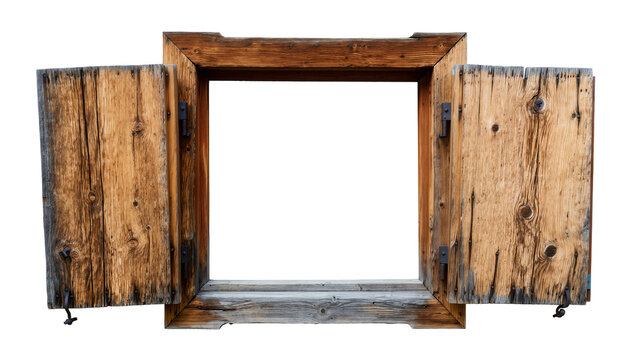 Rustic weathered wooden window frame with open shutters, isolated on transparent background