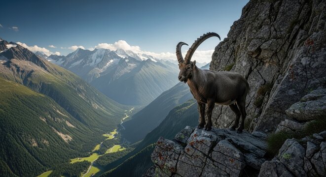 Majestic horned mountain ungulate stands proudly atop a rugged alpine precipice overlooking a vast glacial valley