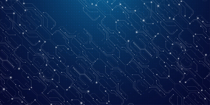 Abstract technology background with glowing circuit board pattern and digital data communication lines.