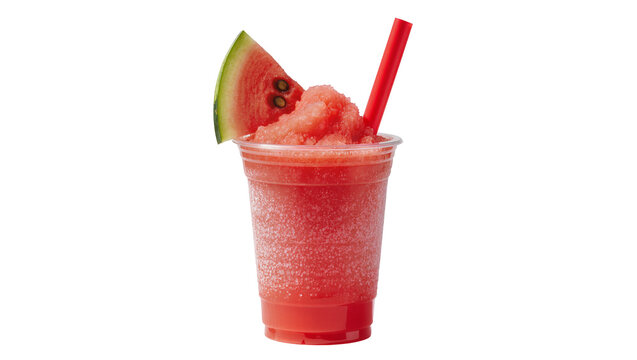 Refreshing watermelon slushy in a clear plastic cup with a slice of fruit and red straw, isolated on transparent background