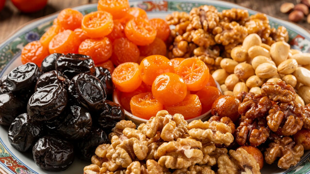 Assorted Chinese Dried Fruits and Walnuts Platter for Lunar New Year