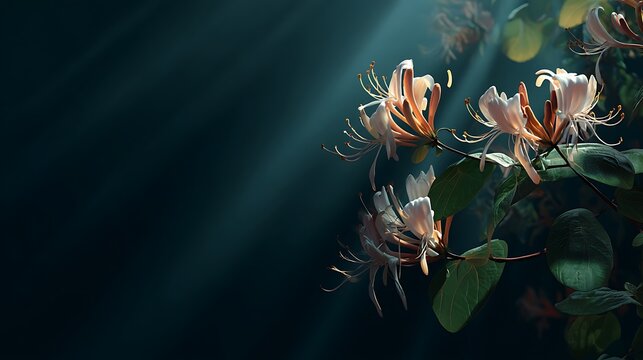 Delicate white honeysuckle flowers bloom with sunlight rays filtering through dark background. nat