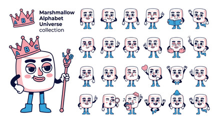 Fototapeta premium Marshmallow Alphabet Universe collection, cute cartoon food character set with various emotions and poses, pink and blue mascot vector illustration