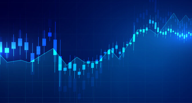 Stock market financial chart with blue candlesticks on grid background visualization.