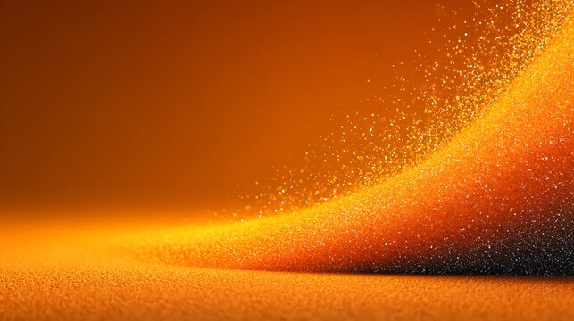 Abstract orange shimmering glitter wave and sparkling particles flowing on textured ground. 3D ren