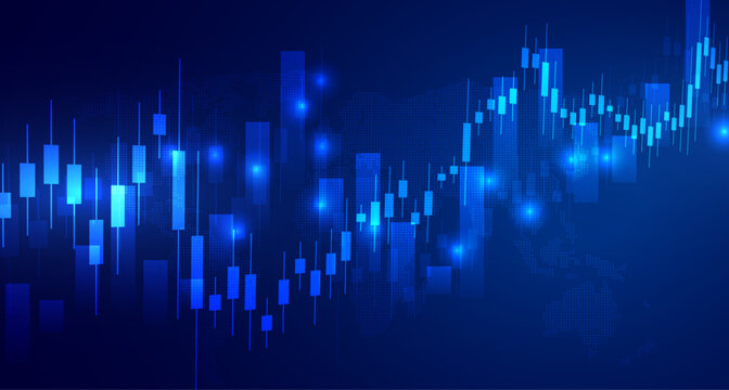 Financial stock market chart on blue background, business graph with uptrend line and glowing effect, vector illustration.