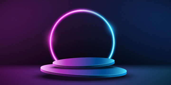 Stylish 3D stage with blue and purple glowing neon ring on a dark background. Premium showcase platform for product presentations, branding or marketing promotions. Vector illustration.