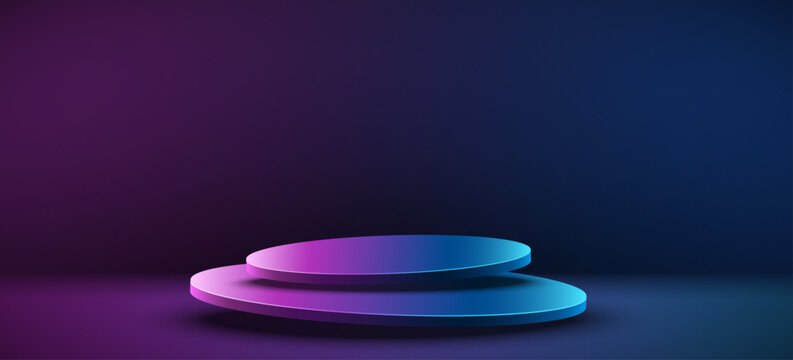 Stylish blue and purple 3D podium on a dark background. Premium showcase platform for product presentations, branding or marketing promotions. Vector illustration.