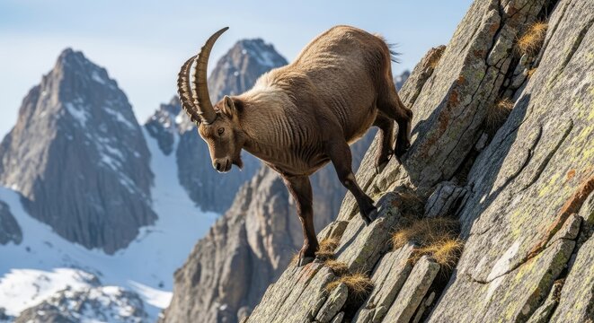 Majestic wild ungulate with large curved horns navigates steep rocky terrain above snowy peaks