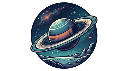 Saturn planet with rings in starry night sky illustration. © nico