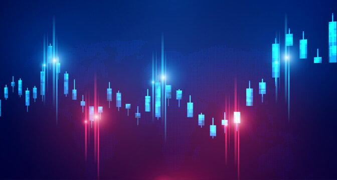 Stock market chart on blue background, business graph with uptrend and downtrend lines, glowing effect, vector illustration.