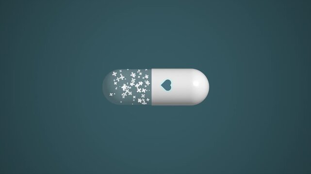3D medical pill with heart symbol on dark turquoise background. Loop animation. Heart squeezes like a button and medical crosses start flying inside the pill. Health and healthcare, science concept.