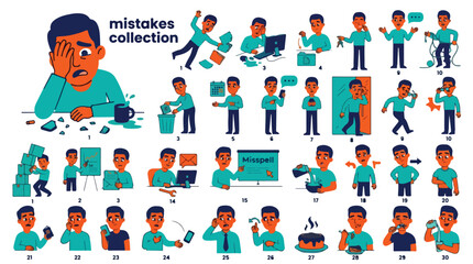 Fototapeta premium Mistakes collection of 30 vector icons, frustrated man making errors and failing at tasks, business failure and office life blunders set