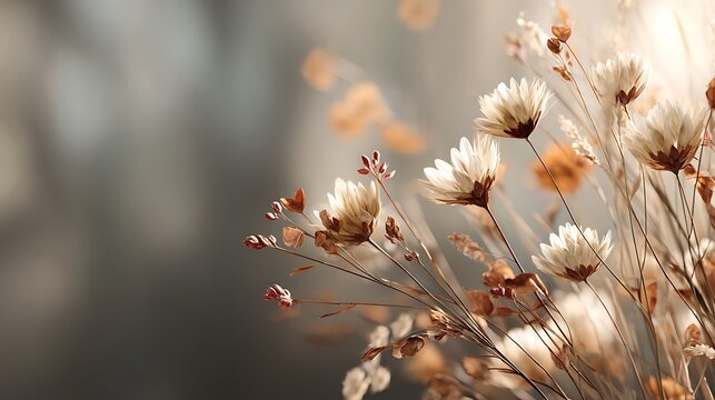 Soft focus dried flowers with delicate petals and wispy stems against a muted background with warm