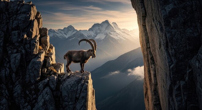 Wild mountain goat stands proudly atop a precipice overlooking a vast, sunlit alpine landscape