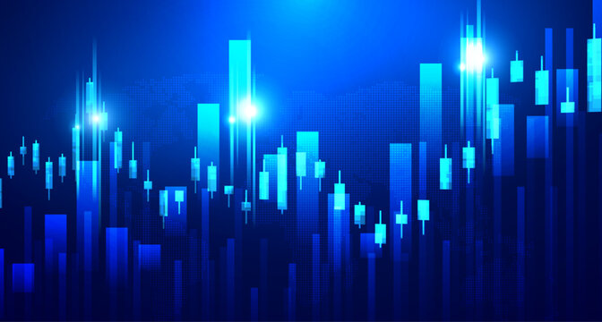Blue digital stock market graph with candlestick chart showing upward trend and glowing lights.