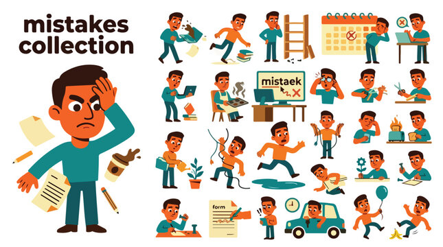 Mistakes collection of office worker character, frustrated man making business errors and fails, cartoon male employee in various clumsy situations