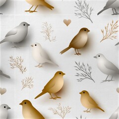 Fototapeta premium Small birds and delicate foliage pattern on a light background, peaceful nature theme, elegant decorative design, spring inspiration. SEAMLESS PATTERN
